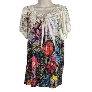 Colorful Floral Tunic Top Off the Shoulder Subliminal Women Size L Unbranded